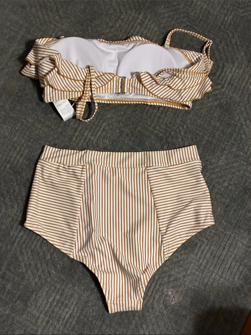 Striped High-Waist Ruffle Bikini Top and Bottom - Cream & Tan